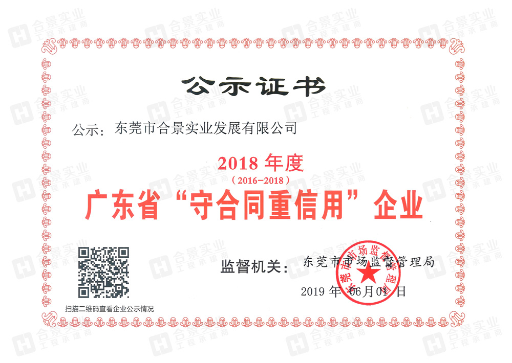 喜訊：合景實業連續三年榮獲“廣東省守合同重信用” 企業稱號